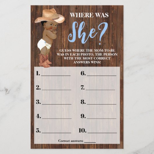 Waar was ze AA Cowboy Baby shower Game Kaart (Voorkant)