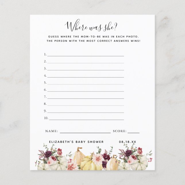 Waar was ze | Baby Shower Spel (Voorkant)