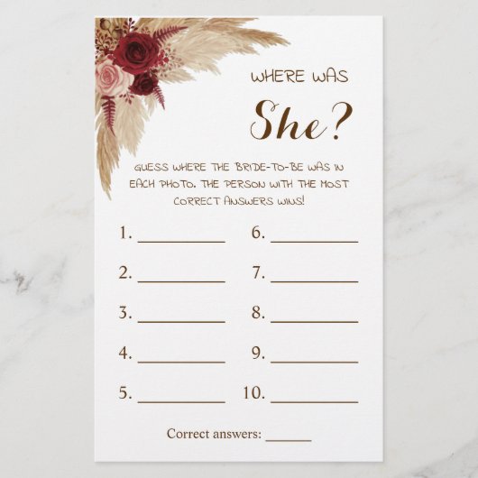 Waar was ze? Pampas Grass Game-kaart Flyer (Voorkant)