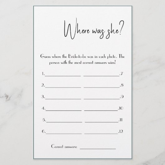 Waar was ze? Shower Game Kaart Flyer (Voorkant)