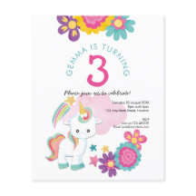 Waarde Eenhoorn Meisje 3e Verjaardag Party Uitnodi