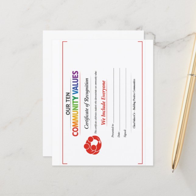 Waarde Inclusie Certificaat 4.5x 5.6 Papierblad (Voorkant / Achterkant in situ)