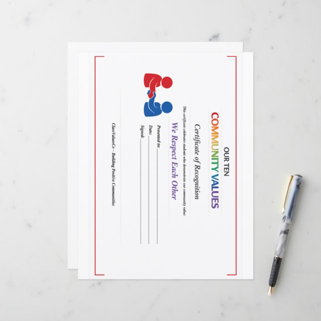 Waarde Respect Certificaat Briefpapier Dun Glanzen (Voorkant / Achterkant in situ)