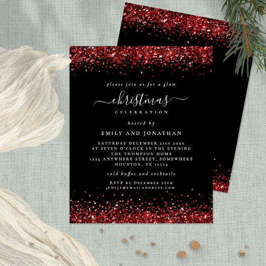 Waarde Rood Glitter Kerstfeest Zwart Uitnodigen Flyer