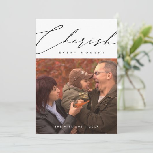 Waardeer elke kerst-moment met familiefoto-overlay feestdagenkaart (Staand voorkant)