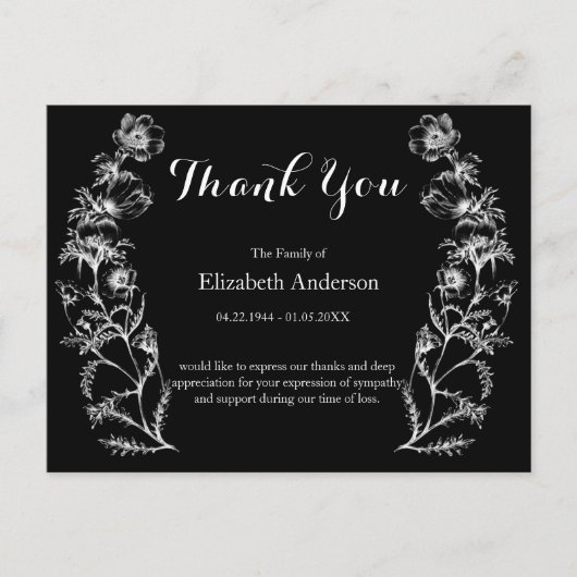 Waardering Begrafenis Zwart Wit  Bloemen Briefkaart (Voorkant)