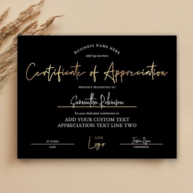 Waarderingscertificaat Black Gold Diploma Award (Elegant black and gold Certificate of Appreciation award with space for your logo and custom text)