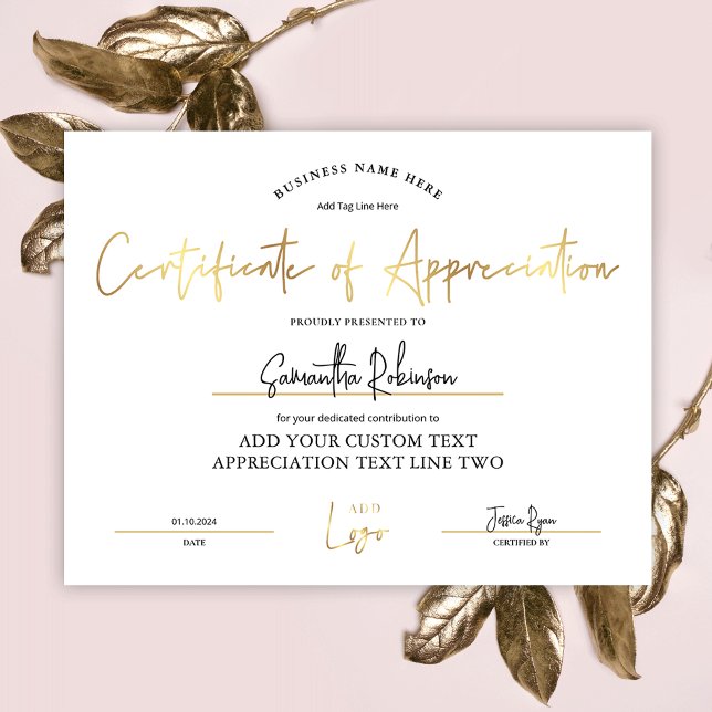 Waarderingscertificaat Gold Logo Diploma Award (Elegant white and gold Certificate of Appreciation award with space for your logo and custom text)