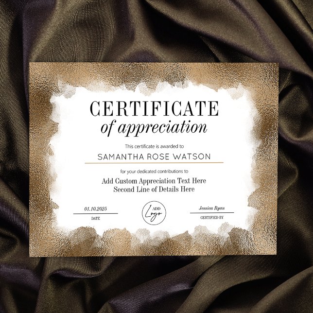 Waarderingscertificaat Modern Gold Glitter Award (Elegant gold glitter effect Certificate of Appreciation professional business award)