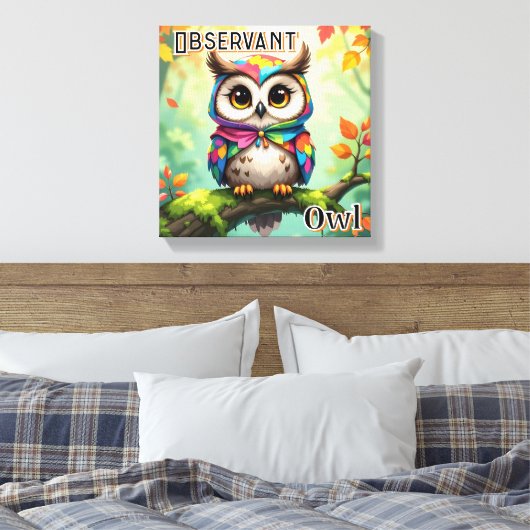 Waarnemende Uil | Cute Cartoon Kinderkamer Kunst Canvas Afdruk (Insitu (Slaapkamer))