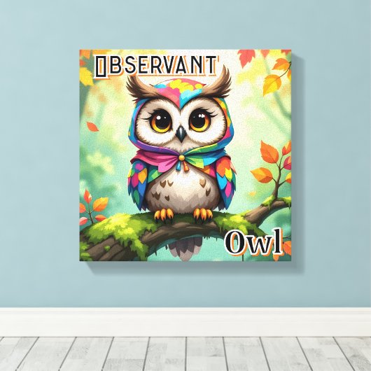 Waarnemende Uil | Mooie Cartoon Kinderkamer Kunst Canvas Afdruk (Insitu (Houten vloer))