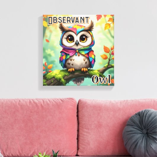 Waarnemende Uil | Mooie Cartoon Kinderkamer Kunst Canvas Afdruk (Insitu (Woonkamer))