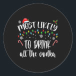 Waarschijnlijk Drink hij al de wodka Christmas Dri Ronde Sticker<br><div class="desc">Waarschijnlijk Drink hij alle wodka kerstwijn Drink</div>