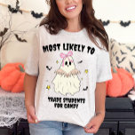 Waarschijnlijk een bijpassende Halloween Ghost Tea T-shirt<br><div class="desc">Introductie van onze "Most Likely To" Matching Halloween Ghost Teacher T-Shirt, de perfecte mix van griezelige leuke en gepersonaliseerde stijl voor dit Halloween-seizoen. Dit retro-thema shirt heeft een schattig spookpersonage, compleet met een roze strik, het lezen van een boek, waardoor het een ideaal geschenk is voor docenten die graag een...</div>