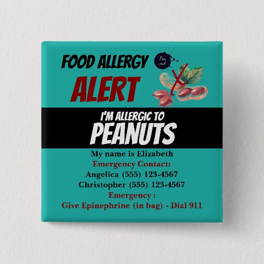 Waarschuwing blauwgroen pinda-voedingsallergie vierkante button 5,1 cm (Voorkant)