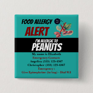 Waarschuwing blauwgroen pinda-voedingsallergie vierkante button 5,1 cm