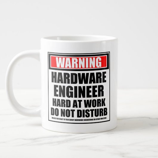 Waarschuwing hardwaretechnicus hard op het werk grote koffiekop (Links)