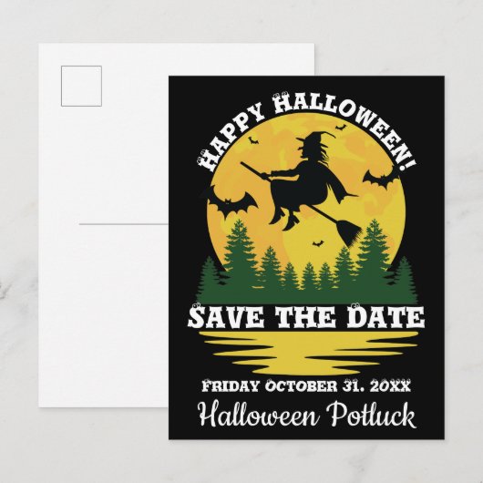 Waarschuwing heks overvliegt bezemsteel Halloween Aankondigingskaart (Voorkant / Achterkant)