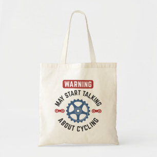 Waarschuwing kan beginnen met praten over fietsen tote bag