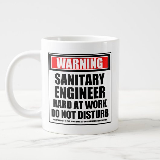 Waarschuwing sanitaire technicus hard op het werk grote koffiekop (Links)