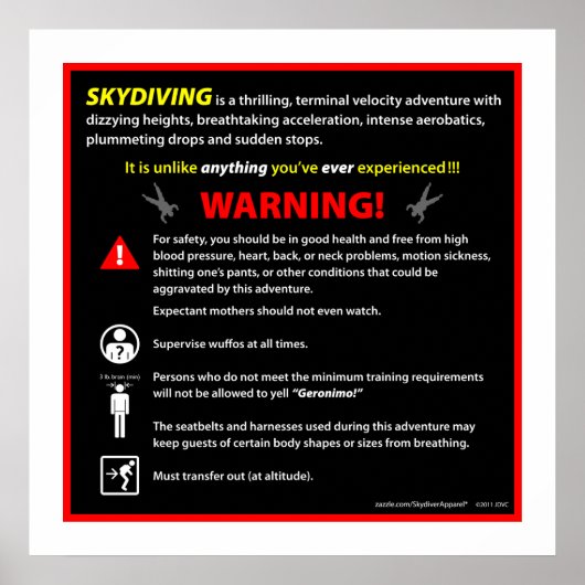 Waarschuwingsbord voor SKYDIVING Theme Park Poster (Voorkant)