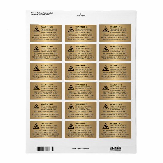 Waarschuwingsetiket voor bijeswax-kandle Gold Etiket (Full Sheet)
