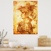 WAARSCHUWINGSPROFIEL IN DRAGON HELMET Sepia Tekeni Poster (Keuken)