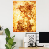WAARSCHUWINGSPROFIEL IN DRAGON HELMET Sepia Tekeni Poster (Thuiskantoor)