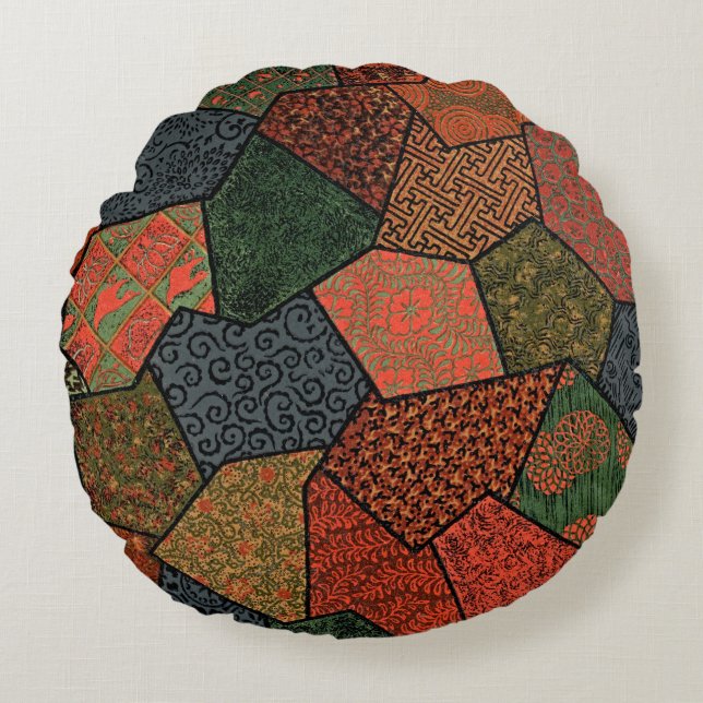Wabi-Sabi Japanse Patchwork Ronde Kussen (Voorkant)