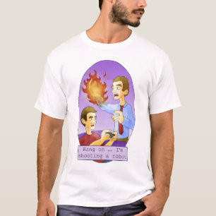 Wacht even, ik schiet een robot T-shirt aan.
