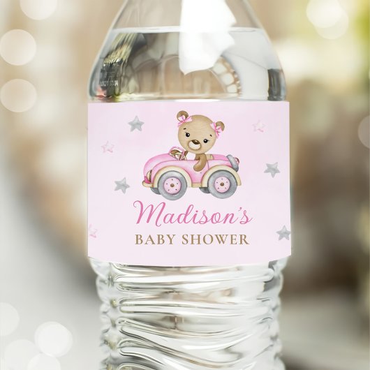 Wacht even met Teddy Bear Pink Girl Baby shower Waterfles Etiket