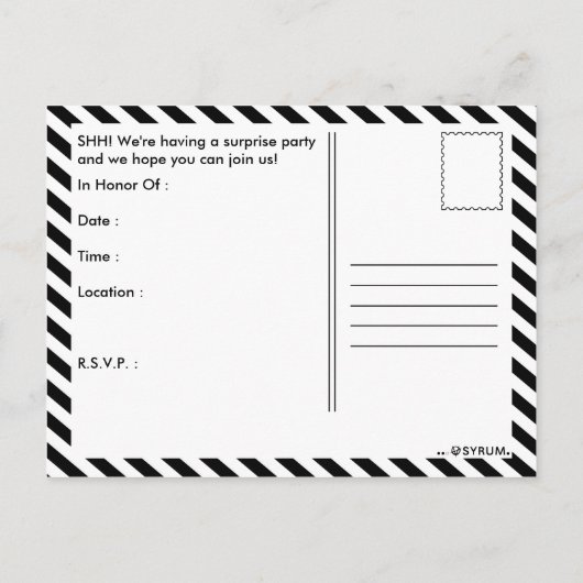 wachten in het donker : verrassingsfeest ! uitnodiging briefkaart (Achterkant)