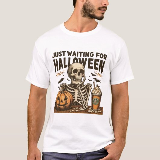 Wachten op een grappig Halloween skelet T-shirt (Voorkant)