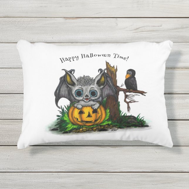 Wachten op Halloween, Schattige Bat en Raven Buitenkussen (Voorkant)