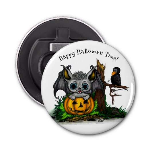 Wachten op Halloween, Schattige Bat en Raven Button Flesopener (Voorkant)