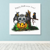 Wachten op Halloween, Schattige Bat en Raven Canvas Afdruk (Insitu (Houten vloer))