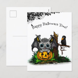 Wachten op Halloween, Schattige Bat en Raven Feestdagenkaart