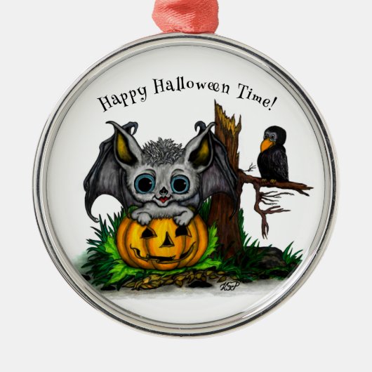 Wachten op Halloween, Schattige Bat en Raven Metalen Ornament (Voorkant)