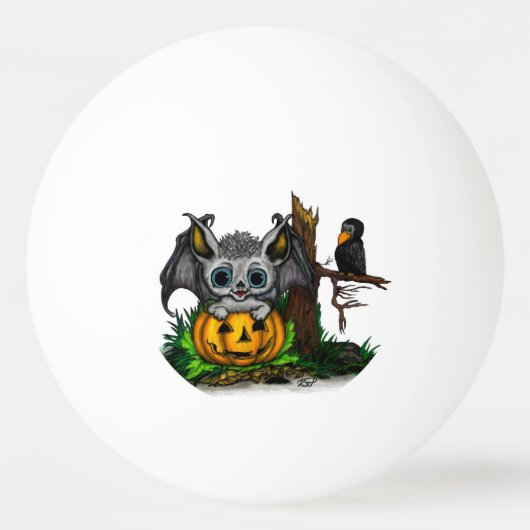 Wachten op Halloween, Schattige Bat en Raven Pingpongbal (Voorkant)