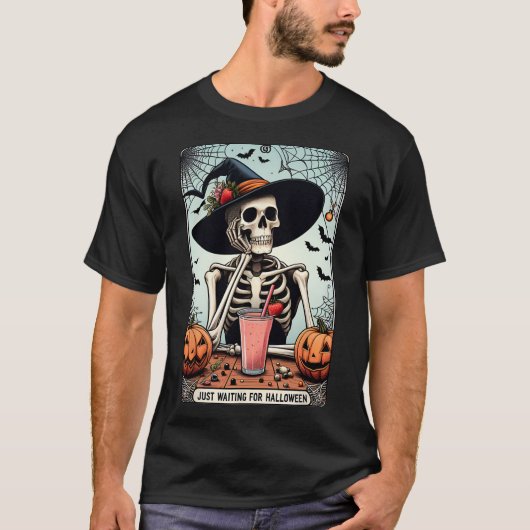 Wachten op Halloween Skeleton Pet heksen T-shirt (Voorkant)