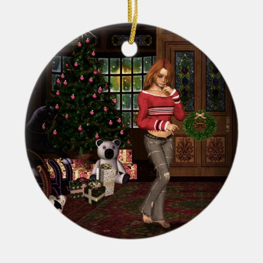 Wachten op kerstkerstversiering keramisch ornament (Voorkant)