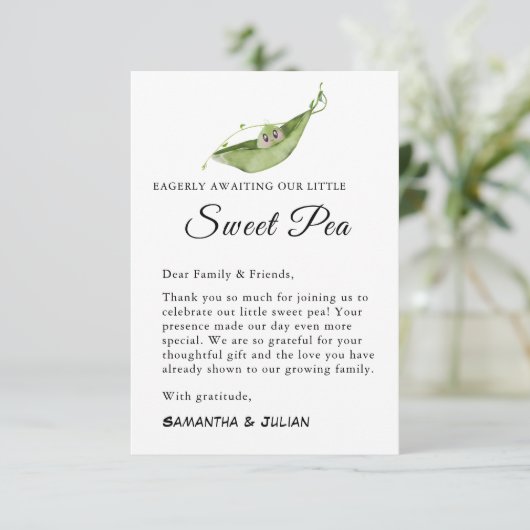 Wachten op onze kleine zoete erwt bedankje bedankkaart (Staand voorkant)