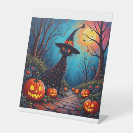 Wachtend op halloween reclamebord met voetstuk