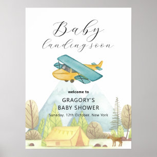 Wachtende vliegtuigbos baby shower welkom poster