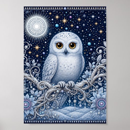Wächterin der Winternacht – Schneeeule unter Stern Poster (Voorkant)