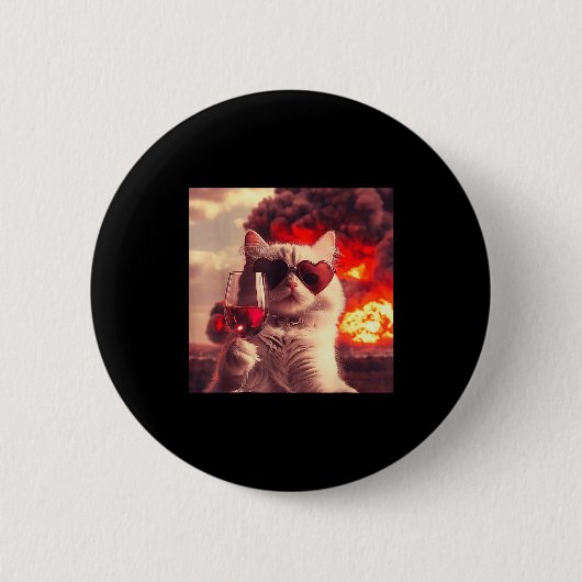 Wacky Cat Holding Wine Selfi With Fire Funny Sungl Ronde Button 5,7 Cm (Voorkant)