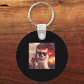 Wacky Cat Holding Wine Selfi With Fire Funny Sungl Sleutelhanger (Voorkant)