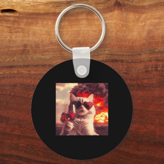 Wacky Cat Holding Wine Selfi With Fire Funny Sungl Sleutelhanger (Voorkant)