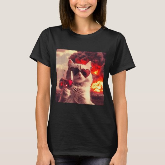 Wacky Cat Holding Wine Selfi With Fire Funny Sungl T-shirt (Voorkant)
