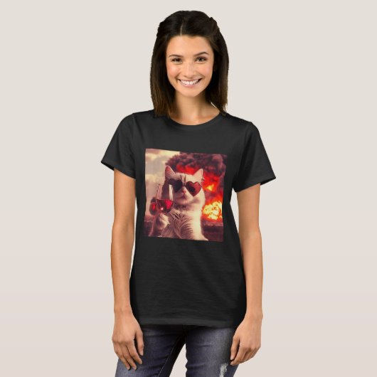 Wacky Cat Holding Wine Selfi With Fire Funny Sungl T-shirt (Voorkant volledig)